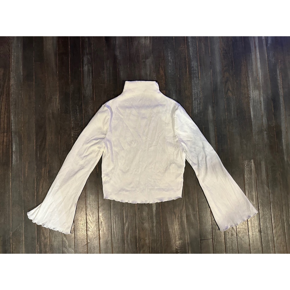 White Ribbed Turtleneck‎ Bell Sleeve Crop Top Lettuce Edge Knit Top